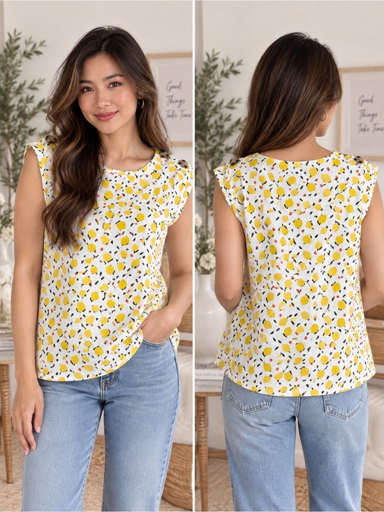 Boden Tops - Boden Lemon Print 100% Linen Button Shoulder Top US 8R